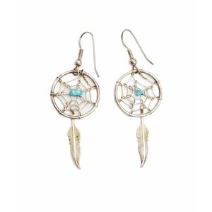 Vintage Navajo Southwest Turquoise DREAM CATCHER Feather Web 925 Silver Earrings